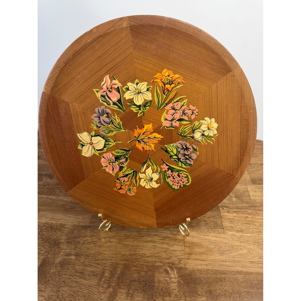 Vintage‎ Western Red Cedar Floral Emblems of Canada Tray Panorama Wood Decor